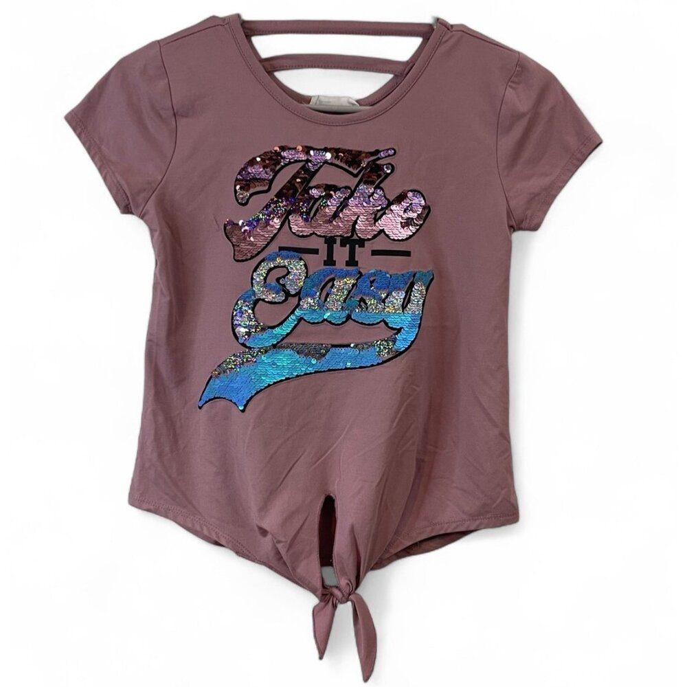 Beauttes Mauve "Take It Easy" T-shirt for girls with sparkling sequins and front